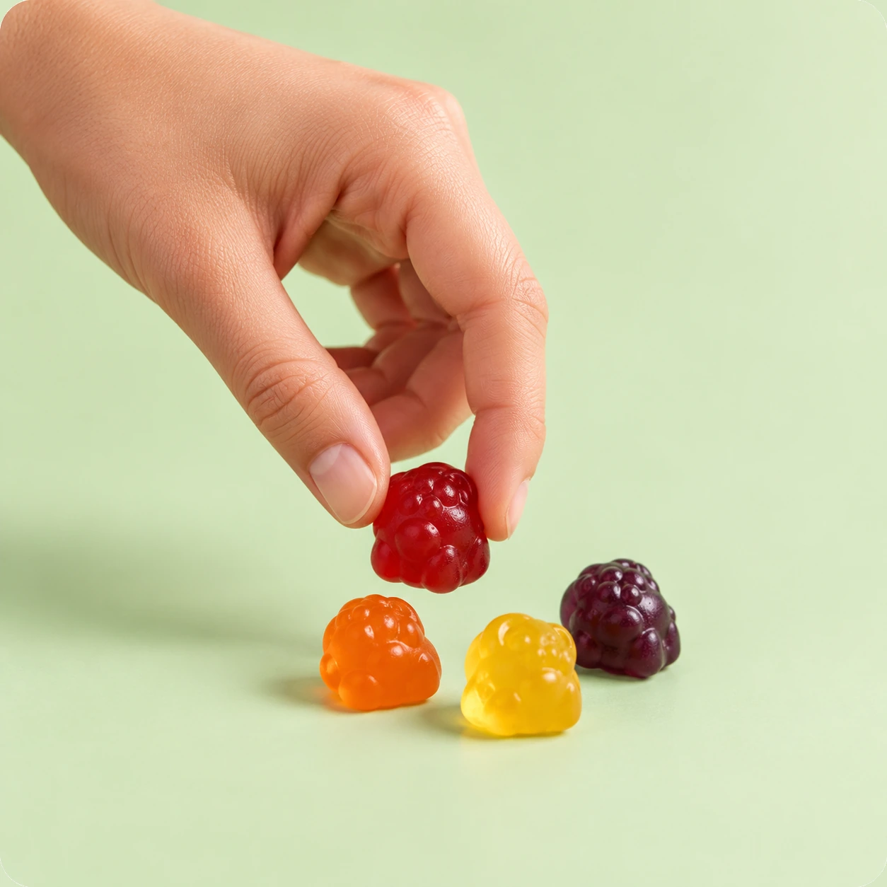 Nærbilde av en hånd som løfter en rød MiniMulti-gummy